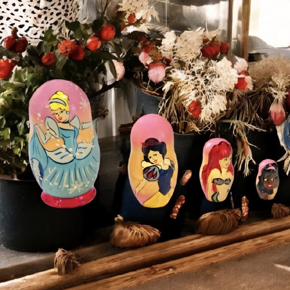 Disney Princess Wood Hand Painted Nesting Dolls. Set of 5 Made In Russia Signed